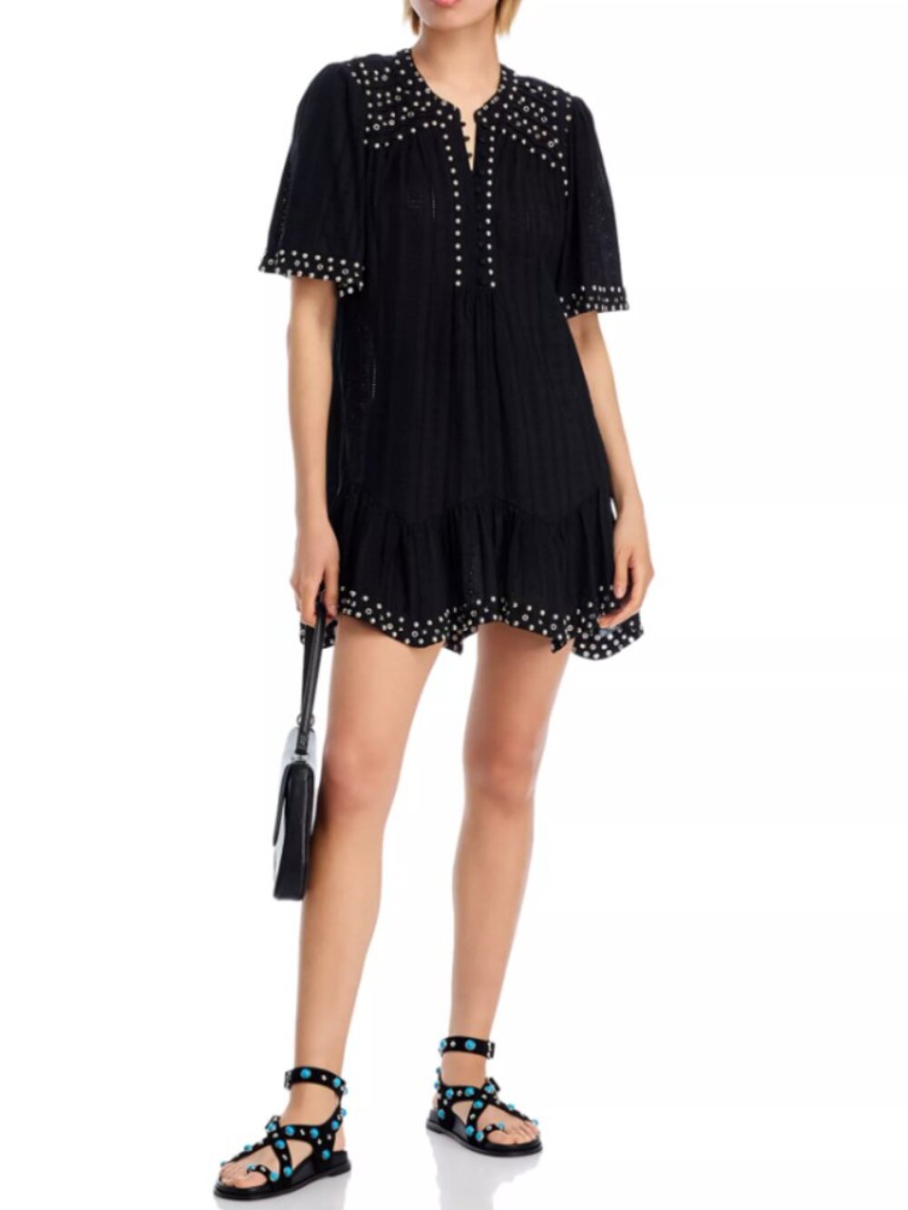 AQUA x Ava Phillippe Women's Studded Pintuck Short Sleeve Mini Dress Size S NWT